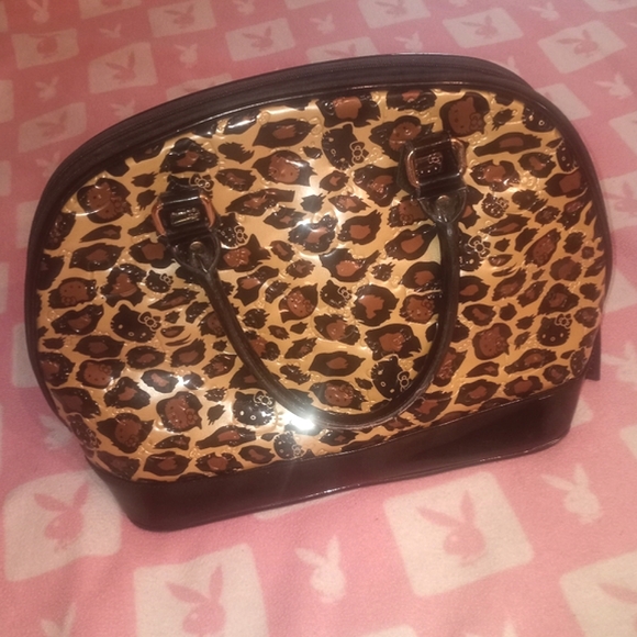 Loungefly Hello Kitty Cheetah Print Patent Leather Large Bowler Bag Purse - Picture 3 of 16